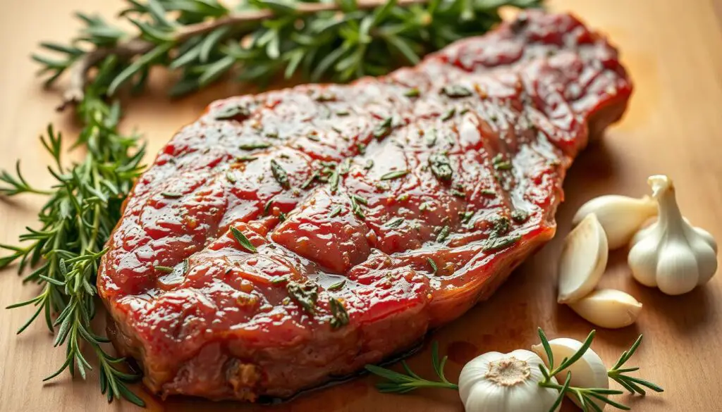 An array of fresh rosemary, thyme, and garlic cloves, artfully arranged around a juicy, marinated flank steak. The steak glistens under the warm, soft lighting, its rich, earthy tones contrasted by the vibrant green herbs. The background is a neutral, natural wood surface, allowing the steak and its marinade to take center stage. The composition is balanced, with the steak positioned slightly off-center, creating a sense of visual interest and depth. The overall mood is one of rustic sophistication, inviting the viewer to imagine the delicious flavors and tender texture of the perfectly cooked flank steak.
