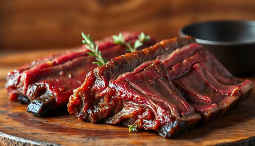 Carefully curated beef short ribs in a natural, warm-toned lighting. The ribs are positioned prominently in the foreground, showcasing their succulent, glistening texture and rich marbling. Surrounding the ribs is a rustic, wooden surface, hinting at the dish's hearty, homestyle preparation. In the middle ground, a simple garnish of fresh herbs or spices adds a touch of culinary elegance. The background is softly blurred, allowing the viewer to focus on the star of the scene - the mouthwatering, premium-quality beef short ribs.