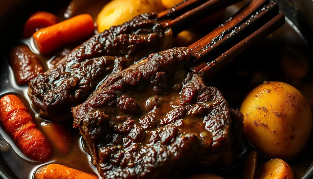 Mouth-watering braised beef short ribs simmering in a rich, savory sauce. Tender, fall-off-the-bone meat surrounded by a medley of aromatic vegetables - carrots, onions, and garlic. The ribs are beautifully seared, coated in a deep, caramelized glaze, and bathed in a velvety, wine-infused broth. Soft, buttery potatoes nestle alongside, soaking up the flavorful juices. Warm, earthy tones fill the frame, heightened by dramatic chiaroscuro lighting that casts dramatic shadows, creating an inviting, rustic atmosphere. A tempting, close-up perspective showcases the dish's succulent, glistening texture and alluring aromas, perfectly illustrating the art of mastering the braising technique.
