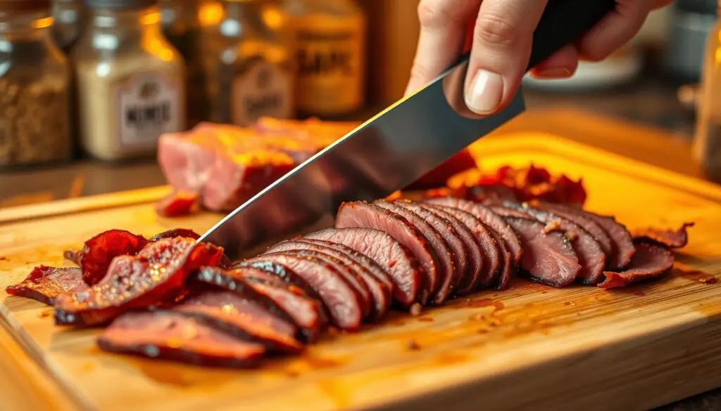 Slicing juicy sirloin steak on a wooden cutting board, thin strips of meat ready for the dehydrator. Warm, golden lighting illuminates the scene, casting a soft glow. The blade glides effortlessly through the beef, producing uniform slices. In the background, a subtly blurred spice rack and jars of herbs suggest the next steps in the jerky-making process. The image conveys the focused dedication and care required to prepare the perfect cut of meat for a delicious, homemade beef jerky.